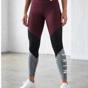 Nike Women's Burgundy Colorblock Leggings with Black & Gray Panels